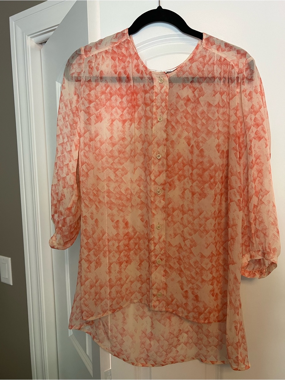 CAbi Emerson Blouse Coral-Pink Patterned Button Front Top - Picture 3 of 6